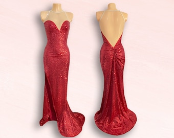 Jessica Rabbit Sequins Backless Gown with Plunge Neck and Fishtail