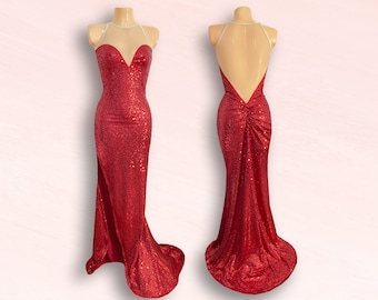 Vestido de lentejuelas con espalda descubierta, escote pronunciado y cola de pez de Jessica Rabbit