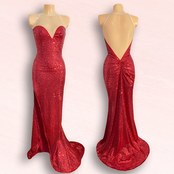 Jessica Rabbit Sequins Backless Gown with Plunge Neck and Fishtail