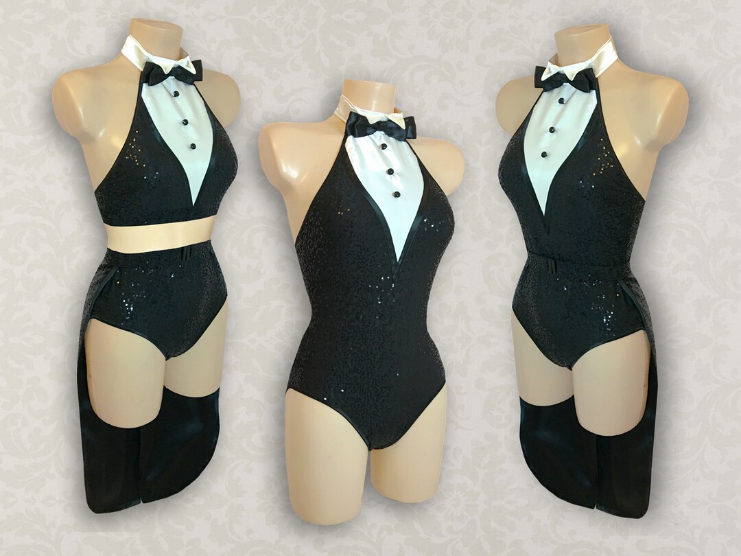 Showgirl Sequins Tuxedo Leotard, Tuxedo Twin Set, Tails Bustle or