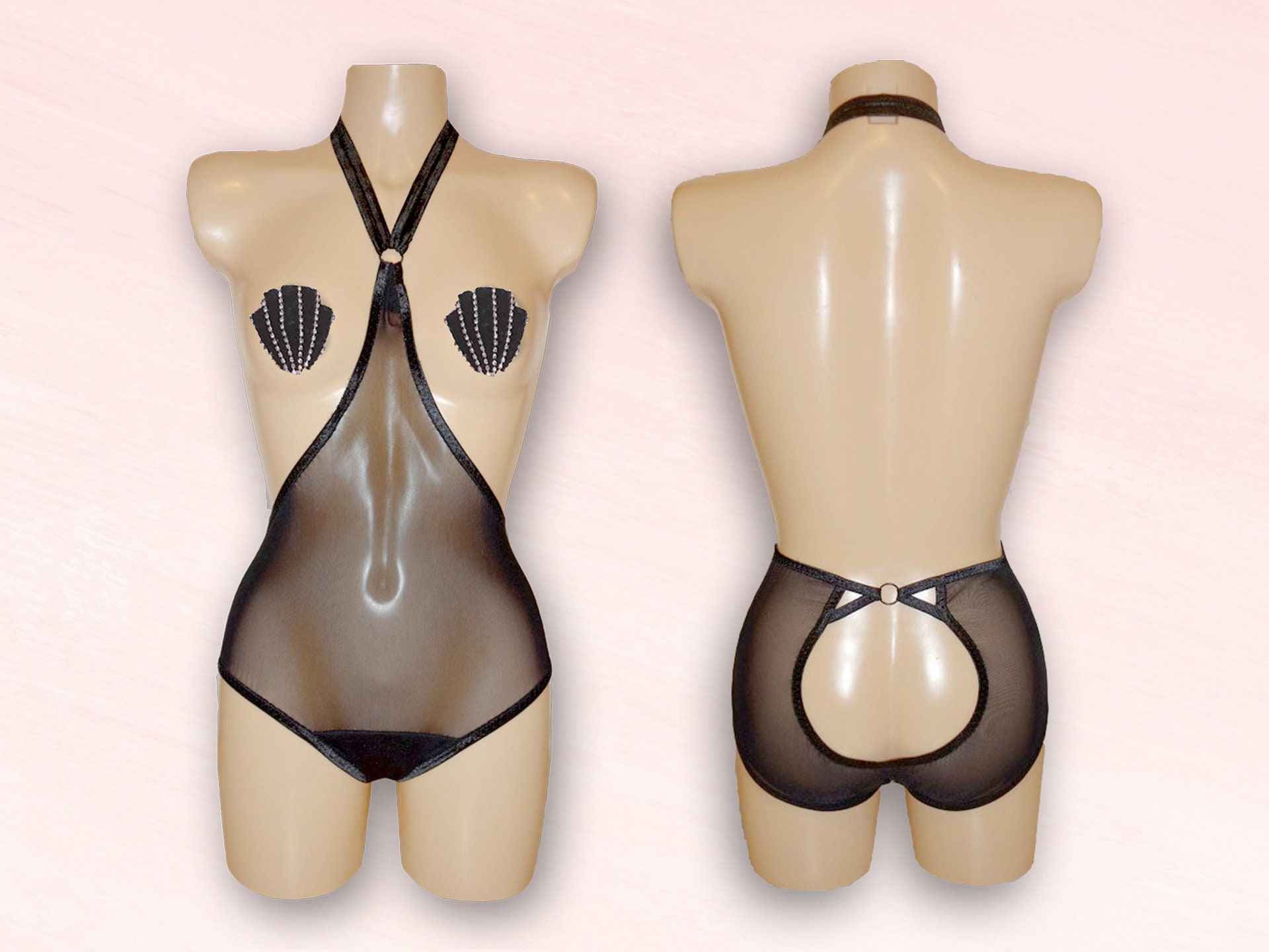 Fetish Sheer Mesh Leotard Harness with Keyhole Cut Out Panties