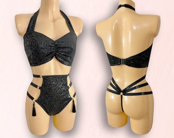 Tillie Vintage Showgirl High Waist Modesty Panel Strappy Sequins Thong with Tassels (can be purchased separately or as a set)