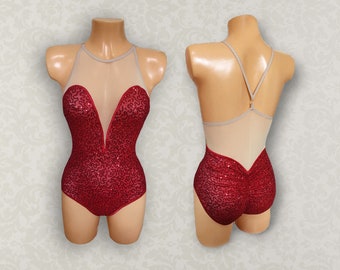 Playboy Bunny Jessica Rabbit Style Sequins Vegas Showgirl Leotard with Illusion Mesh Backing