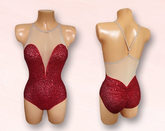 Playboy Bunny Jessica Rabbit Style Sequins Vegas Showgirl Leotard with Illusion Mesh Backing