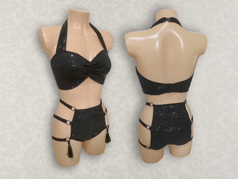 Strappy Showgirl High Waist Modesty Briefs with Tassels and Retro Sweetheart Bodice purchase separately or as a set image 1