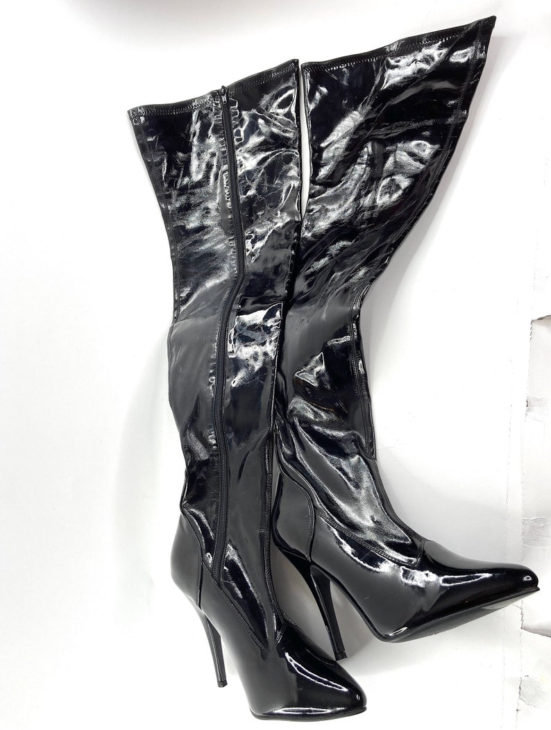 patent thigh high flat boots