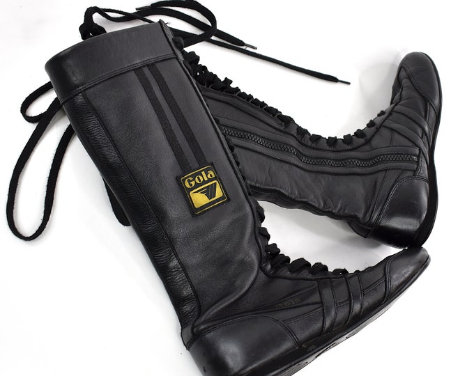 RARE Authentic Vintage 90s Gola Boxing Tall Black Leather Boots Size 8