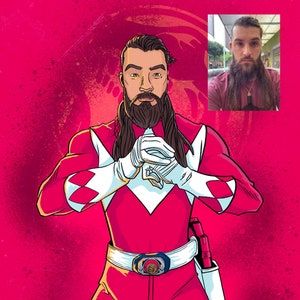 May include: A digital illustration of a person dressed as the red Power Ranger. The person has a long beard and long hair. The background is pink with a splatter effect.