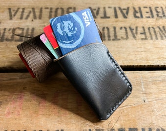 Thin Full Grain Black Leather Card Sleeve, Minimalist Wallet