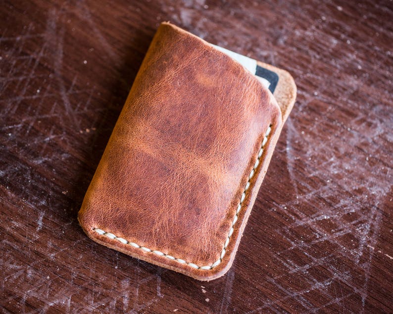 Leather Card Wallet, Handmade from full grain leather, slim card sleeve style design, tan leather with cream thread hand stitched.