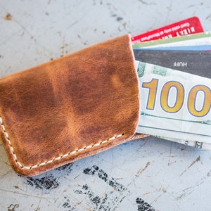 Leather Card Wallet, Handmade from full grain leather, slim card sleeve style design, tan leather with cream thread hand stitched.