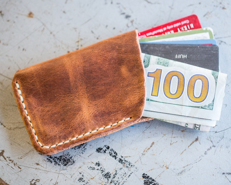 Leather Card Wallet, Handmade from full grain leather, slim card sleeve style design, tan leather with cream thread hand stitched.