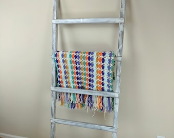 Painted Blanket ladder, towel rack, decorative wooden ladder, rustic distressed farmhouse quilt organizer, about 4 ft, 5', 6 foot tall, wide