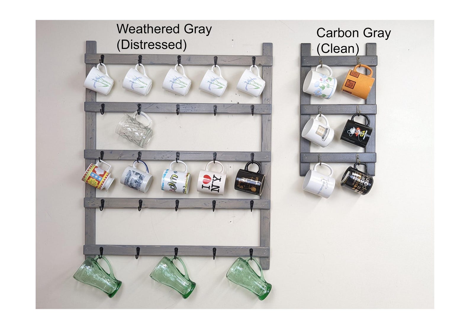 Coffee Mug ladder Rack, Decorative Cup Display, Distressed Farmhouse Wall Mounted Mug Hanger, Teacup, Kitchen Pot Holder, Oven Mitt Hanger - 33"W 40.5T 36 Cups, 12. Dark Walnut