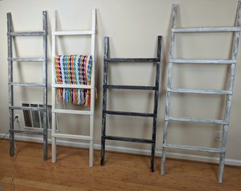Painted Blanket ladder, towel rack, decorative wooden ladder, rustic distressed farmhouse quilt organizer, about 4 ft, 5', 6 foot tall, wide