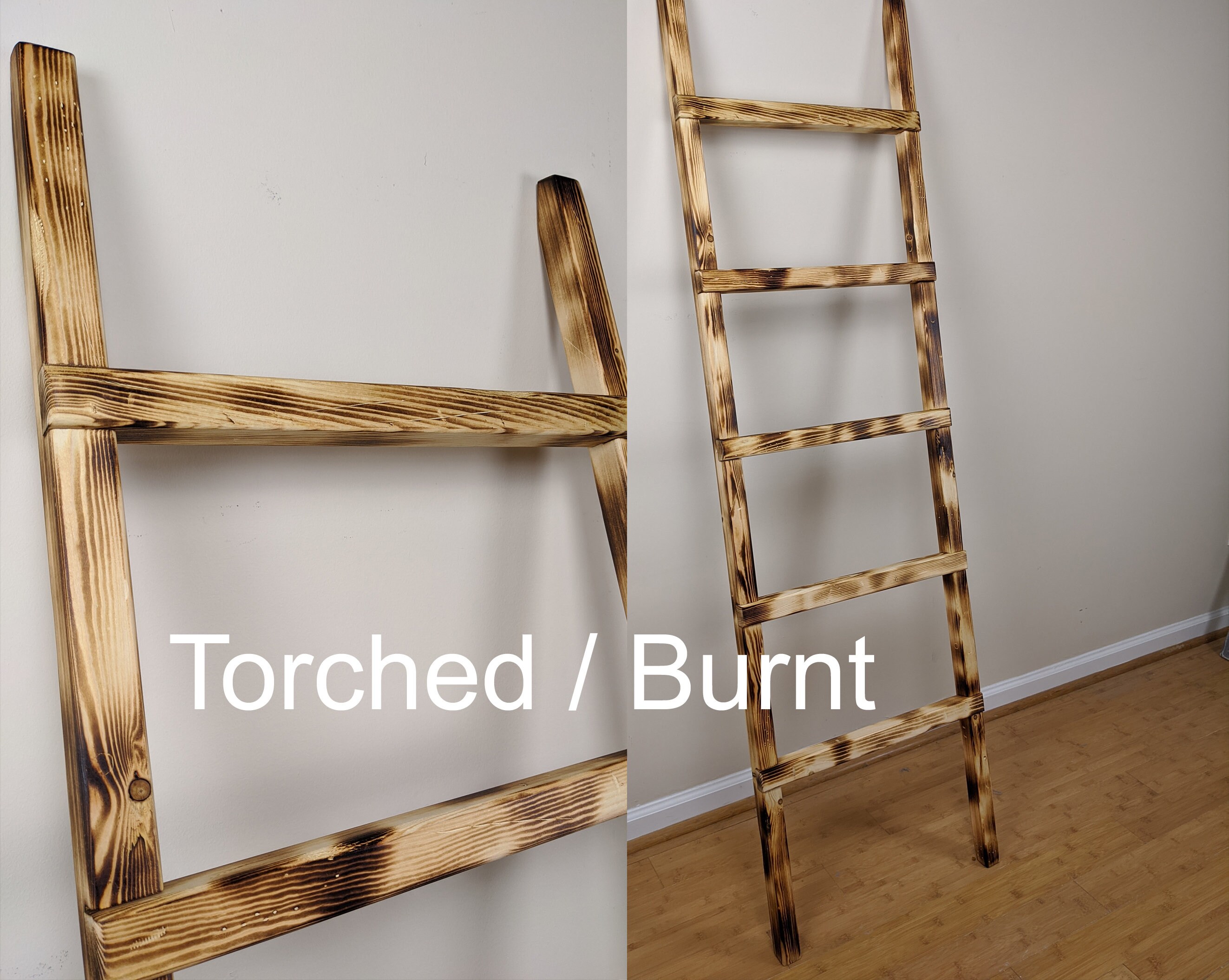 shou sugi ban Decorative wooden Blanket Ladder wide 5/' Torched Burnt quilt 4 ft rustic distressed farmhouse Towel rack 6 foot tall