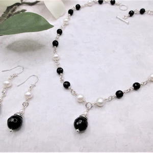 Black Onyx and Pearl Necklace Set. Black and White Necklace Set. Onyx and Pearl Necklace Set. Onyx and Aquamarine Necklace Set. Gift for Her