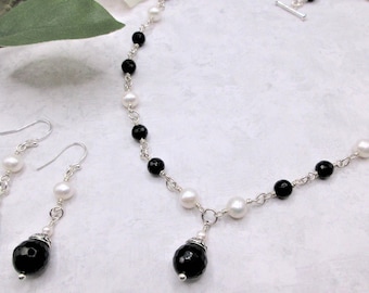 Black Onyx & Pearl Necklace Set: Sterling Silver, Handmade Jewelry