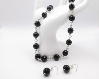 Black Onyx and Silver Necklace Set: Sterling Silver Wire Wrapped Handmade