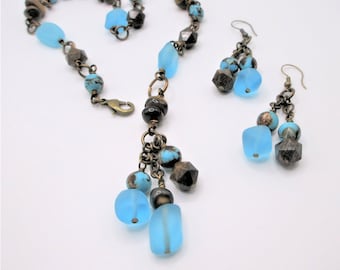 Handmade Turquoise Lariat Necklace and Earring Set: Antique Brass Jewelry