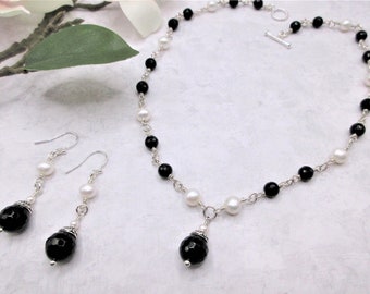 Black Onyx and Pearl Necklace Set. Black and White Necklace Set. Onyx and Pearl Necklace Set. Onyx and Aquamarine Necklace Set. Gift for Her