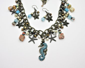Handmade Antique Brass Cluster Necklace Set: Seahorse Starfish Beach Jewelry
