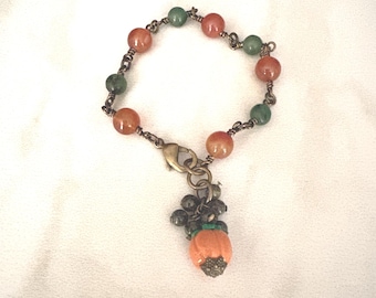 Pumpkin Bracelet: Wire-Wrapped, Antique Brass, Green, Orange, Autumn, Halloween