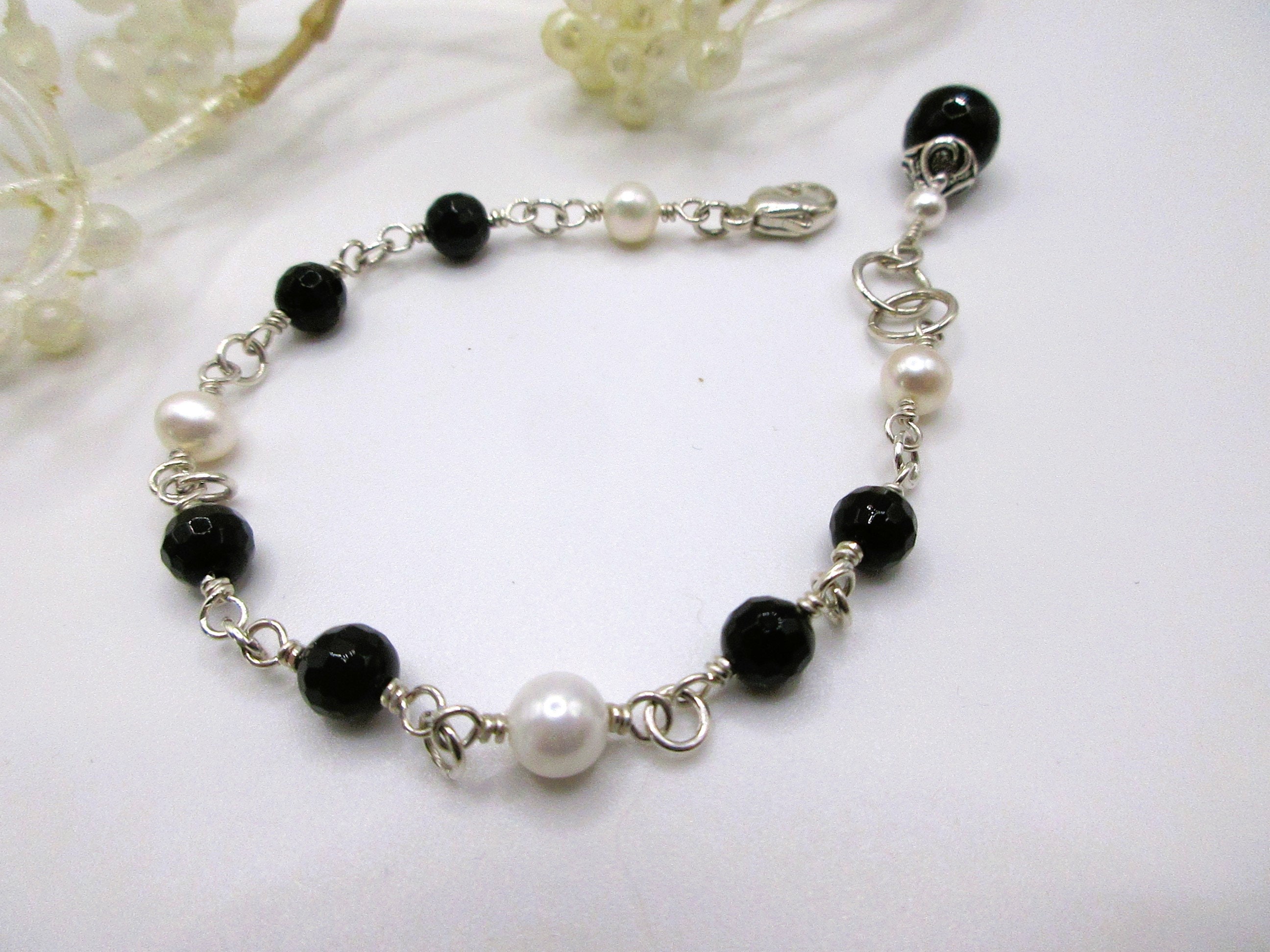 Black Onyx & Pearl Bracelet, Sterling Silver Wire-Wrapped Handmade