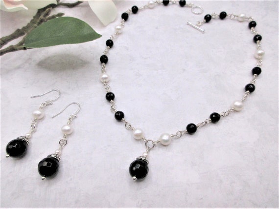 Black Onyx & Pearl Necklace Set: Sterling Silver, Handmade Jewelry