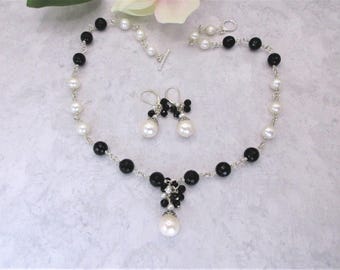 Black Onyx and Pearl Necklace Set: Dangle Earrings Handmade Wire Wrapped