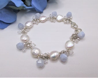 Pearl and Blue Lace Agate Cluster Bracelet: Sterling Silver Swarovski Crystal