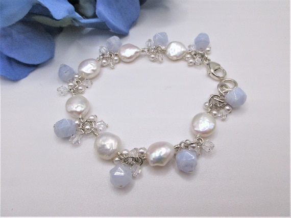 Pearl and Blue Lace Agate Cluster Bracelet: Sterling Silver Swarovski Crystal