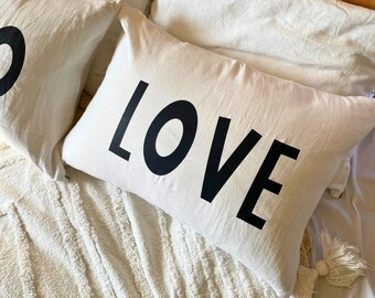 Love Pillow Linen + Satin Pillowcase | White Boho Bedding | White Satin Pillowcase | Minimalist Bedroom | Perfect Gift for Her