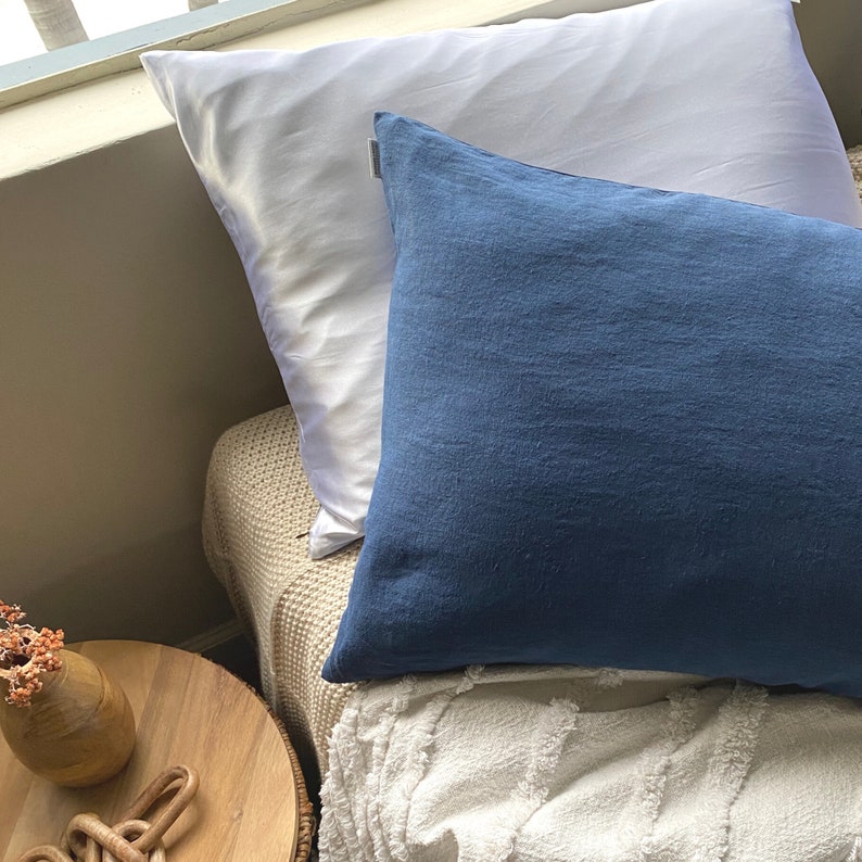 Indigo Solid Linen Satin Pillowcase Hand Dyed Blue Linen Pillowcases Handmade Boho Bedding Satin Pillowcase Minimalist Home Decor image 2