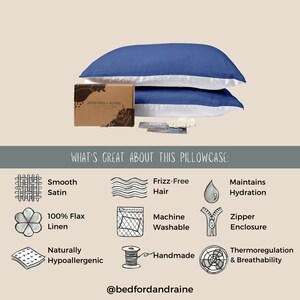 Info graphic of pillowcase features: 
Satin
Linen
Zipper enclosure
Hypoallergenic
Handmade
Maintains Hydration
Washable
Breathable
Protects hair