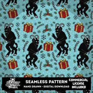 May include: A seamless pattern on a light blue background featuring illustrations of Krampus, red gift boxes with yellow ribbons, holly leaves with red berries, snowflakes, and grey chains. Text at the bottom reads: THE STRANGE CHARM SEAMLESS PATTERN HAND DRAWN - DIGITAL DOWNLOAD COMMERCIAL LICENSE INCLUDED.