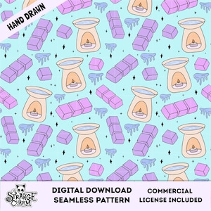 May include: A seamless pattern with hand-drawn illustrations of wax warmers, wax melt bars, and wax cubes in purple, peach, and blue. The design includes the text "HAND DRAWN", "DIGITAL DOWNLOAD SEAMLESS PATTERN", and "COMMERCIAL LICENSE INCLUDED".