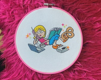 Hand stitched Lizzie McGuire cartoon cross-stitch wall hanging