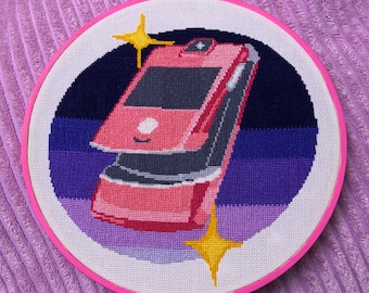 Y2K Pink Flip  Phone Hand stitched cross-stitch wall hanging 8-inch round