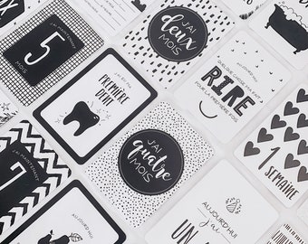 Cartes-étapes à photographier 0- 1 an, Cartes étape bébé, petite enfance, papeterie bébé, cadeau pour maman, cadeau grossesse - Monochrome