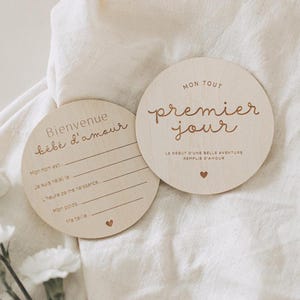 Plaque De Naissance Ronde En Bois - 12 Cm - Inscription 'Bonjour Tout Le Monde' - Style Français - Personnalisable Avec Nom, Date, Poids Et Taille