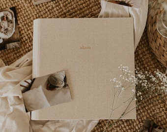 Linen photo album, souvenir photos, celebrating wedding, birth, holidays or everyday life, memories, pictures album, family