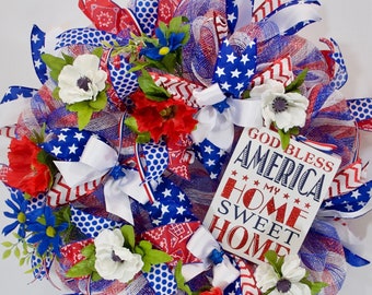 Americana Wreath, Independence Day Wreath, Deco Mesh 4th of July Wreath, Patriotic Wreath, Fourth of July Wreath, Red White & Blue Wreath