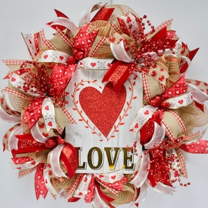 Rustic Valentines Wreath, Burlap Wreath, Country Valentines Day Wreath, Love Wreath, Deco Mesh Valentine&#39;s Day Wreath, Shabby Chic Love