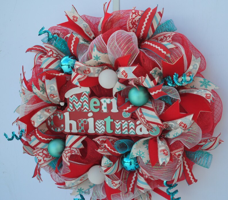 Turquoise Christmas Wreath Merry Christmas Wreath Whimsical Etsy Turquoise Christmas Wreath Merry Christmas Wreath Whimsical Etsy