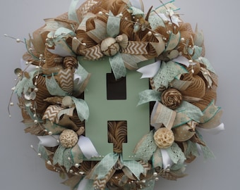 Beach Initial Wreath, Custom Initial Wreath, Everyday Wreath, Summer Burlap Initial Wreath, Shabby Chic Initial Wreath, Monogram Wreath