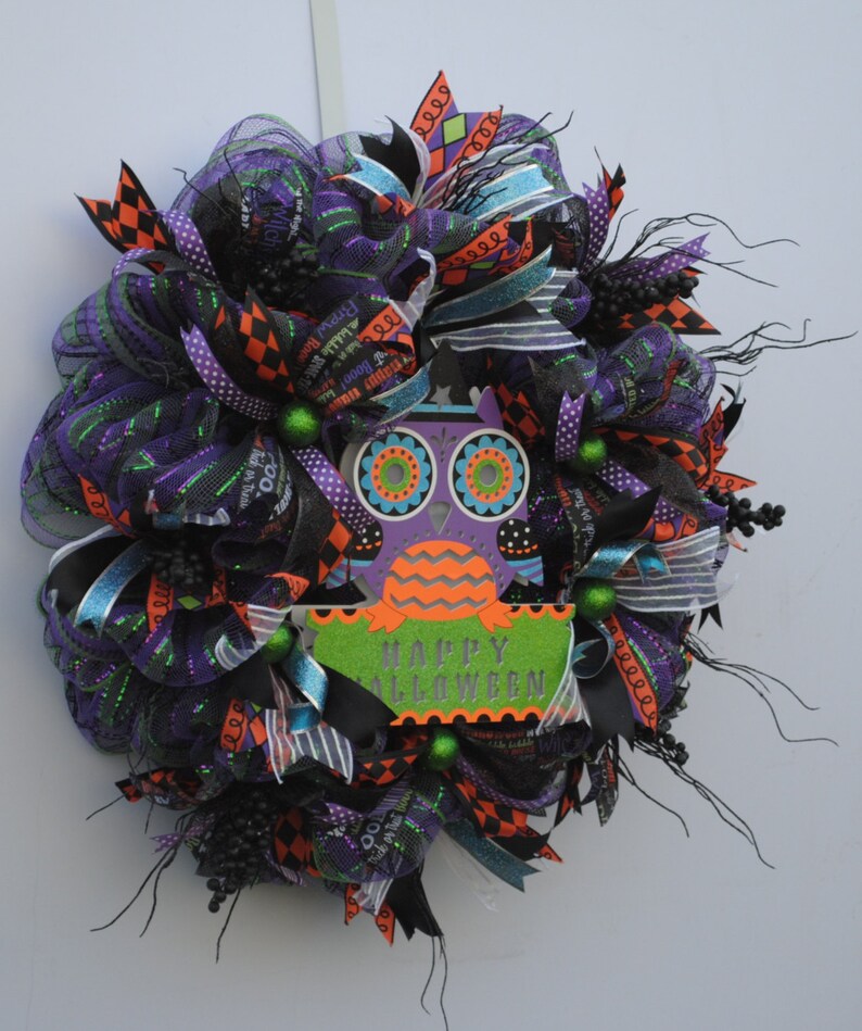 May include: A Halloween wreath with black, orange, purple, and green mesh and ribbons. The wreath features a purple owl with orange and green accents and a sign that says "Happy Halloween".