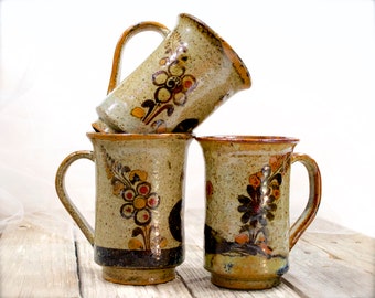 VINTAGE: 3pc Old Mexican Tonal Pottery Mugs - Floral Bird Design - Cups - Folk Art - Made in Mexico - SKU 27-D-00032533