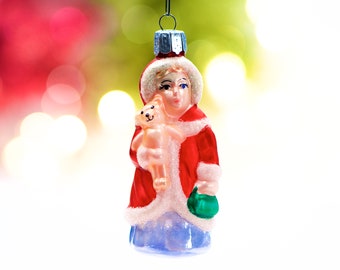 VINTAGE: Glass Girl with Bear Ornament - Blown Figural Glass Ornament - Mercury Ornament - SKU 30-403-00013884