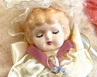 VINTAGE: Porcelain Angel Doll Ornament - Fabric Angel Bust - Christmas Angel - SKU 30-410-00035009